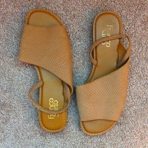 Franco Sarto Glory Snake Embossed Tan Leather Asymmetric Slingback Flat Sandal 8